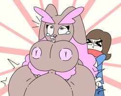 alpha_pokémon cum_overflow cumflation hyper hyper_breasts itisspermo lopunny pink_nipples pokémon_(species) pokemon pokemon_(species) pokemon_legends:_arceus red_eyes shiny_pokemon tears