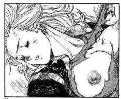 big_breasts dorohedoro hard_nipples noi_(dorohedoro) ripped_clothing sleeping