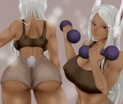 1girls alternate_version_available ass ass_focus big_ass big_breasts bottomwear breasts brown_shorts bunny_ears bunny_tail cleavage dat_ass dumbbell erect_nipples female female_only gym_uniform hair huge_ass huge_breasts lips long_hair miruko my_hero_academia red_eyes rumi_usagiyama shorts solo solo_female sweat sweatdrop tail topwear weedstajoinsart weightlifting white_hair