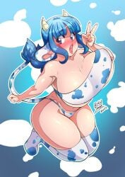 big_breasts blue_eyes blue_hair blush blush bouncing_breasts breasts cattle_humanoid cow_bikini cow_ears cow_girl cow_print cow_tail horns huge_breasts raysama short_hair shortstack skye_(zharxart) thighhighs wide_hips