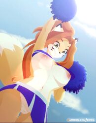 2022 2d_animation animated anthro armpits big_breasts bottomwear breasts canid canine cheerleader clothing cloud dialogue eipril elisabeth_(eipril) english_text exposed exposed_breasts exposed_pussy female fur furry furry_only genitals gif hair long_hair mammal nipples no_bra no_panties no_underwear pom_poms pussy short_playtime skirt sky solo tail text topwear