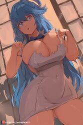 1girls aqua_(konosuba) artist_signature blue_eyes blue_hair breasts cleavage crossover dress dungeon_ni_deai_wo_motomeru_no_wa_machigatteiru_darou_ka female female_only hartman_hips hestia_(danmachi)_(cosplay) hips huge_breasts kono_subarashii_sekai_ni_shukufuku_wo! long_hair miraihikari naughty_face outfit_swap short_dress slim_waist solo suggestive_look thick_thighs thigh_squish thighs thunder_thighs white_dress wide_hips