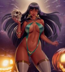 1girls armadillo ass_visible_through_thighs black_hair chel dark-skinned_female darkra dreamworks hourglass_figure jack-o'-lantern large_breasts long_hair looking_at_viewer outside pumpkin pussy skull tagme the_road_to_el_dorado thick_thighs voluptuous wristbands