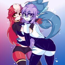 2girls anthro big_breasts countryhumans countryhumans_girl countryhumans_oc fevie_(markai_cat) furry markai_cat purple_hair red_hair scared tagme yuri