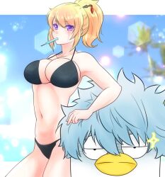 1boy 1girls big_breasts bikini black_bikini blonde_hair cleavage elizabeth_(gintama) facial_scar female female_focus gintama gintoki_sakata hair_ornament looking_at_viewer official_alternate_costume paleatus ponytail popsicle purple_eyes swimsuit tsukuyo