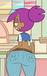 2018 ass ass_focus belt cartoon_network dark-skinned_female dark_skin enid female female_only jeans looking_at_viewer looking_back looking_back_at_viewer ok_k.o.!_let's_be_heroes pants ponytail purple_hair scobionicle99 smirk solo standing