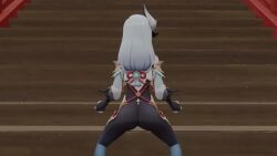 1girls 3d animated ass ass_focus ass_shake dancing female female_only from_behind genshin_impact hair_ornament jiggle kishi long_hair mp4 music shenhe_(genshin_impact) skin_tight skintight_bodysuit solo solo_female sound sound_edit twerking video webm white_hair