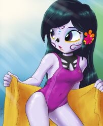 catalina_la_catrina dia_de_los_muertos eronimbus leotard looking_back one-piece_swimsuit swimsuit towel turned_head white_skin