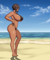 beach big_breasts bikini blue_eyes breasts brown_hair dark-skinned_female dark_skin female huge_breasts mk001black ocean original original_character reese_(mk001black) swim_suit swimsuit swimwear thick thick_thighs