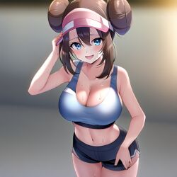 1girls ai_generated blue_eyes booty_shorts breasts brown_hair cleavage female game_freak huge_breasts light-skinned_female light_skin long_hair nai_diffusion nintendo pokemon pokemon_bw2 rosa_(pokemon) short_shorts shorts sport_shorts sports_bra sportswear stable_diffusion sweat sweaty_body thighs twin_buns twintails