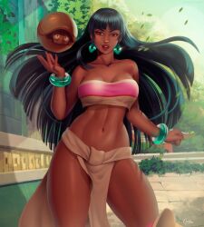 1girls armadillo ass_visible_through_thighs black_hair chel dark-skinned_female darkra dreamworks hourglass_figure large_breasts long_hair looking_at_viewer outside pussy tagme the_road_to_el_dorado thick_thighs voluptuous wristbands