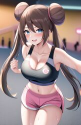 1girls ai_generated blue_eyes booty_shorts breasts brown_hair cleavage female game_freak huge_breasts light-skinned_female light_skin long_hair nai_diffusion nintendo pokemon pokemon_bw2 rosa_(pokemon) short_shorts shorts sport_shorts sports_bra sportswear stable_diffusion sweat sweaty_body thighs twin_buns twintails