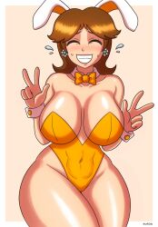 1girls 2022 beg4cake big_breasts big_thighs bimbo bow bowtie breasts brown_hair bunny_costume bunny_ears bunny_girl bunnysuit covered_navel detached_collar double_w earrings female huge_thighs large_thighs leotard looking_away make_up makeup mario_(series) nintendo orange_hair orange_leotard peace_sign pink_background pink_lips pink_lipstick princess_daisy ribbon shiny_ass shiny_breasts shiny_butt shiny_hair shiny_skin simple_background smile smiling smiling_at_viewer standing strapless_leotard sweat sweatdrop sweating teeth teeth_clenched teeth_showing teeth_visible thick_thighs thighs white_body wide_hips