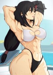 1girls abs armpits ass biceps big_breasts big_lips bikini black_hair blush boob_window breasts cleavage_cutout earrings female_only final_fantasy final_fantasy_vii gauntlets hi_res hourglass_figure light-skinned_female light_skin long_hair looking_away muscular muscular_arms muscular_female muscular_legs navel open_bikini red_eyes solo solo_female stretching sweat swimsuit thick thick_ass thick_lips thick_thighs tied_hair tifa_lockhart voluptuous yoracrab