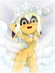 bathroom breasts eeveelution embarrassed embarrassed_nude_female fur furry jolteon pokémon_(species) pokemon shower smoke springy_1.0 yellow_eyes yellow_fur yellow_hair yellow_skin