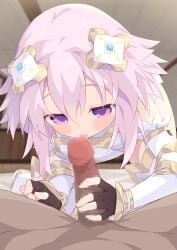 1boy absurdres black_gloves blush censored choujigen_game_neptune commission detached_sleeves fellatio female fingerless_gloves gloves highres licking licking_penis mosaic_censoring nasuuni neptune_(neptunia) neptunia_(series) oral paid_reward_available penis pink_hair pov purple_eyes skeb_commission tongue tongue_out