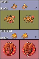 16-bit animal_genitalia anus arthropod arthropod_abdomen arthropod_abdomen_anus arthropod_abdomen_cloaca arthropod_abdomen_genitalia arthropod_abdomen_penis arthropod_abdomen_pussy big_penis bodily_fluids brown_body brown_skin bruhsugga claws cloaca cum cute_fangs ejaculation elemental_creature fangs female feral flora_fauna fungus generation_1_pokemon genital_fluids genitals green_background gui half_lidded_eyes hi_res male mushroom nightmare_husbando nightmare_waifu nintendo orange_body orange_skin paras parasect penis pincers pink_anus pink_background pink_cloaca pink_penis pink_pussy pixel_art plant pokemon pokemon_(species) presenting presenting_anus presenting_cloaca presenting_penis presenting_pussy purple_background pussy pussy_juice pussy_juice_puddle red_body shaded simple_background simple_shading solo solo_focus spots tapering_penis teeth text thin_legs video_games white_eyes white_text yellow_spots