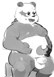 2022 alp_(tokyo_afterschool_summoners) anthro belly bodily_fluids genitals giant_panda humanoid_genitalia humanoid_hands humanoid_penis kemono lifewonders male mammal masshiro monochrome moobs nipples overweight overweight_male penis sitting solo sweat tokyo_afterschool_summoners ursid video_games