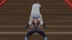 1girls 3d animated ass ass_focus ass_shake dancing female_only from_behind genshin_impact hair_ornament jiggle kishi long_hair mp4 music shenhe_(genshin_impact) skintight skintight_bodysuit solo solo_female sound sound_edit stairs twerking video webm white_hair