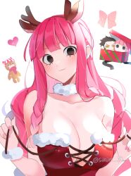 1girls animal_ears big_breasts black_eyes blunt_bangs blush breasts christmas cleavage collarbone corset deer_ears deer_girl deer_horns female female_only fur_trim heart horn joman large_breasts nail_polish one_piece painted_nails perona pink_hair pink_nails saram_80 solo_female tagme white_background