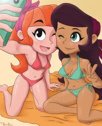 2girls bed bikini bikini_bottom bikini_top brown_hair cellphone chocolate_and_vanilla dark-skinned_female eronimbus green_panties legend_quest marcella_(legend_quest) orange_hair phone selfie taking_picture teodora_villavicencio