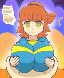 1boy 1boy1girl 1girls alolanfirestone alternate_breast_size alternate_version_available arle_nadja big_breasts blue_shirt breasts color english english_text engulfing_paizuri hair_ornament highres huge_breasts large_breasts orange_hair paizuri paizuri_lead_by_female paizuri_on_lap paizuri_under_clothes ponytail puyo_puyo sega smile sound_effects straight trembling yellow_eyes