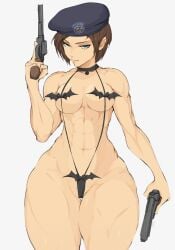 abs bat_bikini capcom casual clothing female firearm gun guns handgun headwear human jill_valentine jill_valentine_(sasha_zotova) muscular muscular_female pale_skin resident_evil resident_evil_3 resident_evil_3_remake revolver short_hair sling_bikini thick thick_thighs weapon yoracrab