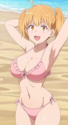 1girls adriancastroduenas ai_generated armpits arms_behind_head beach big_breasts bikini blonde_hair busty cleavage large_breasts legs navel ocean open_mouth orange_eyes please_don't_bully_me,_nagatoro pose posing sensual sexy_armpits smile solo thighs twintails voluptuous water yoshi_(nagatoro)