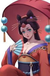 ajirogasa alternate_costume aqua_eyes bare_shoulders black_hair blue_eyes cleavage earrings fan female female_only folding_fan geisha gintama hair_ornament hand_fan hinowa japanese_clothes kimono lipstick long_hair milf nihongami obi off_shoulder oiran pale-skinned_female pale_skin solo updo