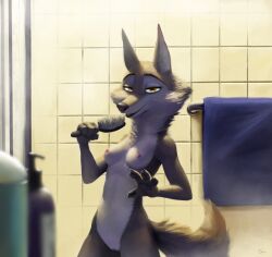 2022 4_fingers anthro areola breasts canid canine canis digital_media_(artwork) female fingers fur genitals hi_res holding_object illumination_entertainment looking_at_viewer mammal nipples nude porsha_crystal pussy s1m shower sing_(movie) solo towel wolf