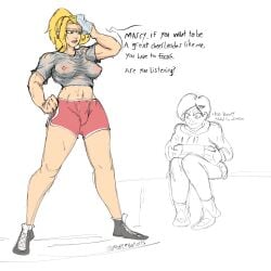 amphibia athletic_female blonde_hair dialogue disney disney_channel disney_xd female_only marcy_wu medium_breasts muffynbunarts muscular_female nipples no_bra rough_sketch sasha_waybright see-through_clothing straight_hair sweat tagme text