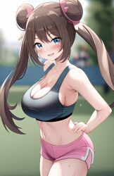 1girls ai_generated blue_eyes booty_shorts breasts brown_hair cleavage female game_freak huge_breasts light-skinned_female light_skin long_hair nai_diffusion nintendo pokemon pokemon_bw2 rosa_(pokemon) short_shorts shorts sport_shorts sports_bra sportswear stable_diffusion sweat sweaty_body thighs twin_buns twintails