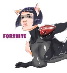 alternate_costume big_breasts black_hair bob_cut bodysuit breast_press brown_eyes cat_ears catgirl catherine_(gintama) cosplay crossover facepaint female female_only fortnite gintama hairstyle_connection kemonomimi lips looking_at_viewer mature_female nipple_bulge parted_lips shadow_ops short_hair skin_tight solo tight_clothing upper_body