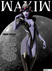 1girls 3d ass blender blizzard_entertainment breasts chest collar dark_hair female female_only fingering front_page hi_res legs lipstick magazine magazine_front_page makeup medium_breasts moon nails nero100 overwatch overwatch_2 pose purple_hair purple_skin solo solo_female space thighs waxiw widowmaker