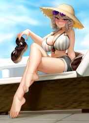 1girls absurd_res animal_ears arknights barefoot bikini bikini_top blonde_hair blue_nails booty_shorts braid breasts cleavage curvy_female eyewear_on_head feet female foot_fetish grey_hair hair_accessory hat hi_res holding_object holding_shoes huge_breasts jean_shorts kairuhentai kairunoburogu kemonomimi large_hat light-skinned_female light_skin long_hair long_legs massive_breasts navel painted_toenails pointed_feet purple_eyes short_shorts shorts skindentation slim_waist smile smirk soles sun_hat sunglasses sunglasses_on_head thick_thighs twin_braids twintails utage_(arknights) wide_hips