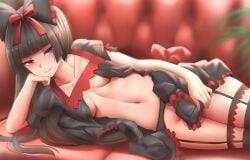 black_hair breasts couch demigoddess gate_-_jieitai_ka_no_chi_nite_kaku_tatakaeri ginhaha gothic_lolita hair_ribbon leaning_on_elbow looking_at_viewer on_couch rory_mercury stockings