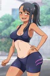 1girls 2020s 2022 anime ass bike_shorts black_hair blush breasts brown_eyes cameltoe clothed clothing curvy embarrassed embarrassed_female exposed_breasts fangs female female_focus female_only hayase_nagatoro high_ponytail long_hair manga medium_breasts musk navel nipple_bulge nipples_visible_through_clothing please_don't_bully_me,_nagatoro ponytail pose pussy pussy_juice sano-br shorts simple_background skin_fang smile solo solo_female solo_focus sports_bra standing steam sweat tan tan_lines tan_skin tanline tanned tight_clothing watermark wide_hips