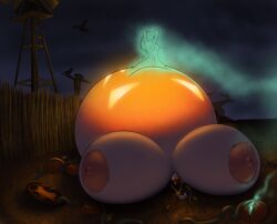 anthro aydry_hunter belly belly_inflation big_belly big_breasts breasts canid canine canis cervid deer domestic_dog duo farm female female/female food fruit ghost hair halloween hi_res holidays huge_breasts hyper hyper_belly hyper_breasts inflation jack-o'-lantern jackie_shay mammal mixed_breed plant pumpkin pumpkin_belly red_hair rexton_industries spirit tagme utonagan