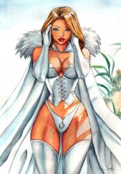 1girls 2022 blonde_eyebrows blonde_hair breasts cape corset dominant_female dominatrix ed_benes_studio emma_frost female female_only fur-trimmed_cape fur_trim hellfire_club high_resolution highleg highleg_thong homo_superior israel_(artist) large_breasts latex_leotard long_hair looking_at_viewer marvel marvel_comics mutant telepath thong white_cape white_corset white_fur white_queen white_thong x-men