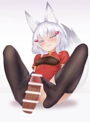 1boy 1girls anus bangs black_thighhighs blush censored china_dress dark-skinned_male dark_skin disembodied_penis ear_tuft eyelashes feet female foot_fetish foot_fetish_with_legwear footjob footjob_with_legwear fox_ears fox_girl half-closed_eyes inner_ear_fluff john_zerowb light-skinned_female light_skin looking_at_viewer nopan phase_connect phase_origins purple_eyes short_hair small_breasts smile smug spread_legs tenma_maemi thighhighs virtual_youtuber white_background white_eyelashes white_hair