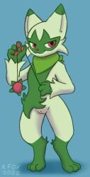 absurd_res anthro blush body_blush female floragato fur genitals green_body green_fur hi_res leaked_pokemon mr.albafox nintendo pokemon pokemon_sv pussy pussy_blush solo video_games