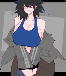 black_hair blue_hearts blue_highlights blush cleavage female friday_night_funkin heart imnotshiira_(artist) large_breasts microphone mom.dmg one_eye_closed saltys_sunday_night shiirano sideboob smile tank_top