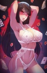 1girls 2d 2d_(artwork) arms_up artist_name aura big_breasts black_hair breasts cleavage female female_only female_protagonist glowing_eyes himmely human human_female human_only jabami_yumeko kakegurui light-skinned_female lingerie long_hair looking_at_viewer money nipple_bulge poker_cards poker_chip poker_chips pose posing questionable red_eyes short_skirt solo solo_female standing straight_hair straight_hair_female teenage_girl teenager url white_lingerie