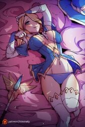 1girls arms_up big_breasts blonde_hair cameltoe cleavage female female_only himmely league_of_legends light-skinned_female luxanna_crownguard navel panties