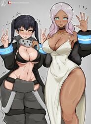 2girls almualim bikini black_hair breasts brown_skin cleavage commission commission_art dress en'en_no_shouboutai enen_no_shouboutai female fire_force hi_res hips huge_breasts kotatsu_tamaki large_breasts light-skinned_female light_skin long_hair looking_at_viewer patreon_username pink_hair princess_hibana slim_waist smile tan-skinned_female tan_body thick_thighs thighs twintails wide_hips