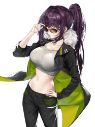 1girls adjusting_eyewear adjusting_glasses adjusting_sunglasses bangs belly belly_button big_breasts blush blush_lines blushing_at_viewer breasts casual choker closed_mouth collarbone cowboy_shot crop_top earrings fate/grand_order fate_(series) female female_focus female_only fur-trim fur-trimmed_coat fur_trim hand_on_hip jewelry large_breasts light-skinned_female light_skin long_hair looking_at_viewer looking_over_eyewear looking_over_glasses looking_over_sunglasses navel only_female open_clothes open_coat pants ponytail purple_hair red_eyes scathach_(fate) shiny shiny_clothes shiny_hair shiny_skin sidelocks simple_background solo solo_female solo_focus stomach sunglasses tinted_eyewear very_long_hair white_background yagitome87