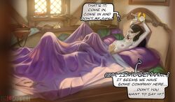 2girls absurdres bed bed_sheet bedroom blanket breasts cptpopcorn critical_role cunnilingus english_text fantasy female highres human imogen_temult implied_sex indoors laudna_(critical_role) long_hair lying multiple_girls nipples nude on_bed pillow pink_hair pointy_ears psychic sorcerer watermark yuri