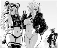 2girls ass bikini_bottom bocodamondo bodysuit breasts clones clothed clothed_male clothing covered_navel cropped_jacket curvaceous egghead eyelashes female female_focus grey_background greyscale hair_over_one_eye headphones headwear hourglass_figure jacket large_ass large_breasts lewdamone long_hair looking_at_viewer male medium_breasts monochrome no_pants one_piece open-mouth_smile open_clothes open_jacket open_mouth panties scientist short_hair simple_background skin_tight smile standing thick_thighs thighs vegapunk_lilith vegapunk_shaka vegapunk_york wide_hips zipper