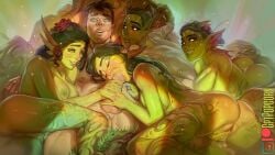 1boy 4girls ass breasts brown_hair colored_skin cptpopcorn crotch_rub dryad elf fantasy fellatio ffffm_fivesome fivesome greek_mythology green-skinned_female green_hair green_skin group_sex large_breasts light-skinned_male light_skin monster_girl multiple_girls muscular nipples nude oral orgy original pointy_ears pussy reverse_gangbang short_hair smile