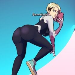 ass blonde_hair blue_eyes eyebrow_piercing fortnite gwen_stacy gwen_stacy_(spider-verse) light-skinned_female light_skin looking_back marvel phone short_hair solo spider-gwen superaxlart